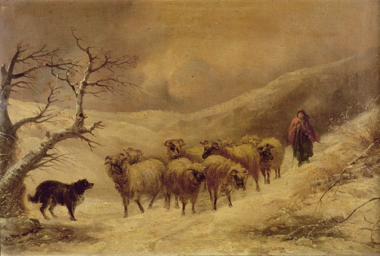 雪の中の羊飼い、1845-1900 作： ジョン・ジョセフ・バーカー