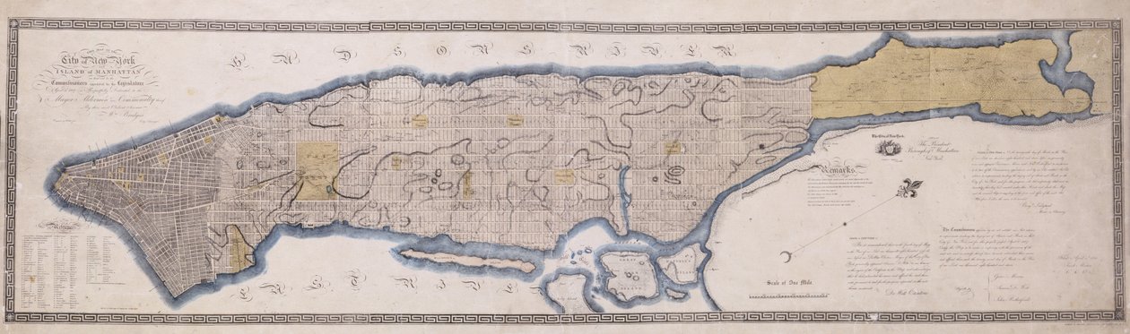 1811年にP.マーベリックによって彫刻された、1807年4月3日を通過した議会の行為によって任命された委員会による委員会計画、ニューヨーク市の地図（リトグラフ、インク、カラーウォッシュ）。 作： ジョン・ジュニア・ランデル
