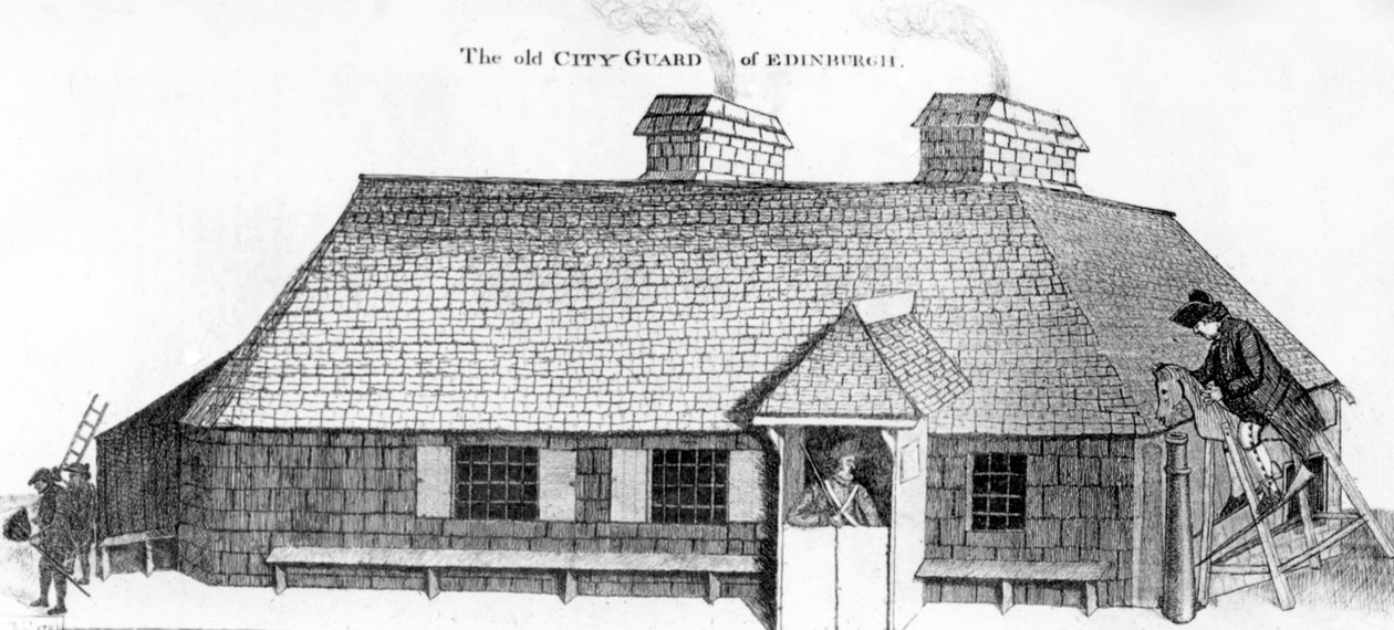 兵士を罰するために木製の馬を持つエジンバラの旧市街警備隊、1786年 作： ジョン・ケイ