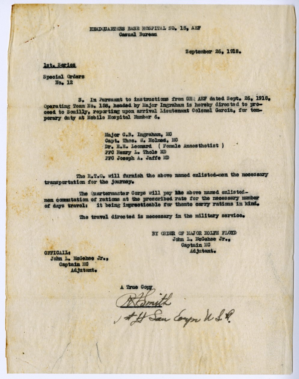 1918年9月26日、Rolfe Floydの注文による本部基地病院No. 15、Casual Bureauの特別注文No. 12 Extract、 作： ジョン・L・マクゲーヒー
