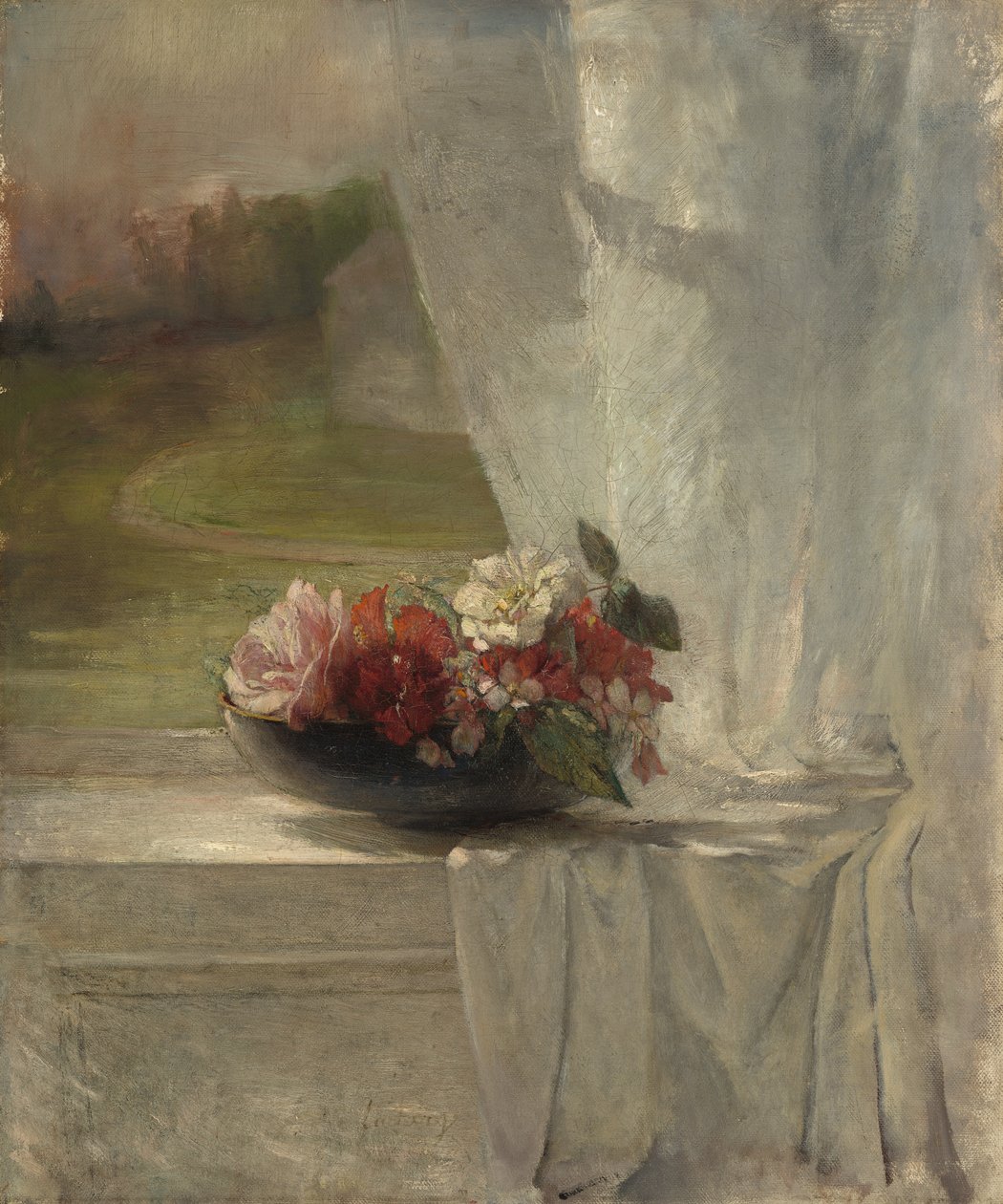 窓の棚の上の花、1861年 作： ジョン・ラ・ファージュまたはラファージュ
