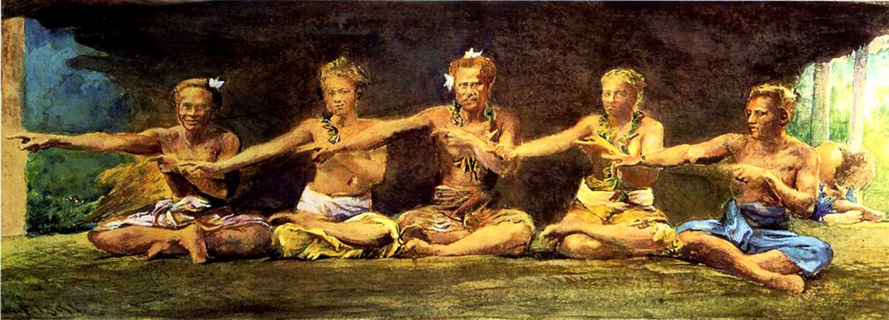 Siva Dance with 5 Dancers、Vaiala、Samoa、1890（紙とガッシュ付き） 作： ジョン・ラ・ファージュまたはラファージュ