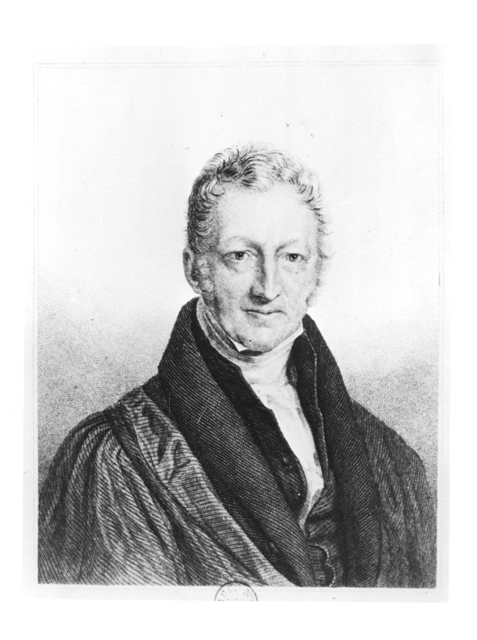 トーマスロバートマルサス（1766-1834）の肖像画、1853年「政治経済学の辞書」用にフルニエによって彫刻 作： ジョン・リンネル