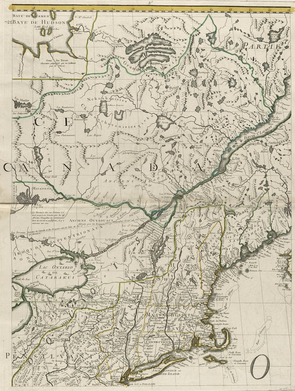 1756年のアメリカのイギリス領とフランス領の地図（紙にアウトラインの色を刻印） 作： ジョン・ミッチェル