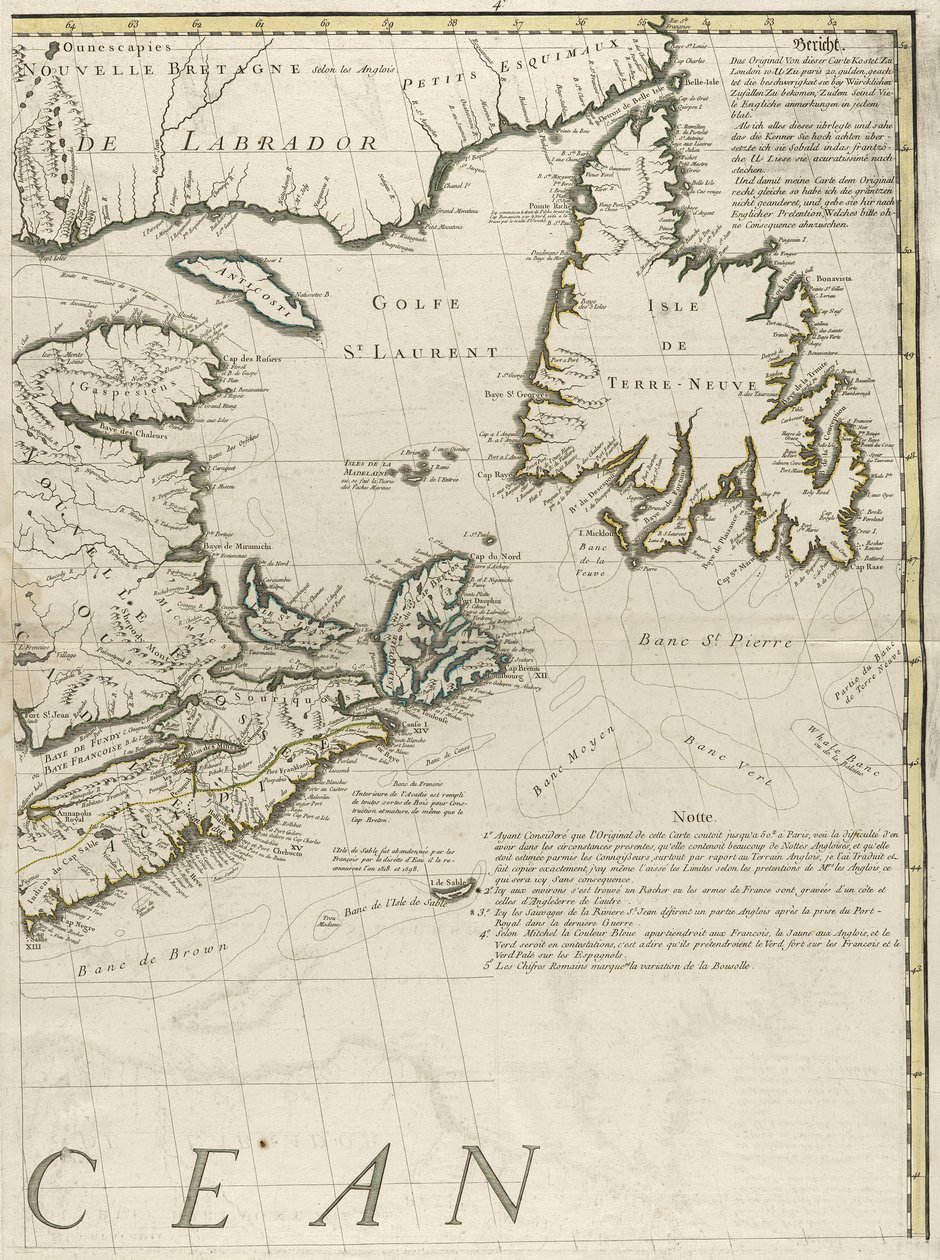 1756年のアメリカのイギリス領とフランス領の地図（紙にアウトラインの色を刻印） 作： ジョン・ミッチェル