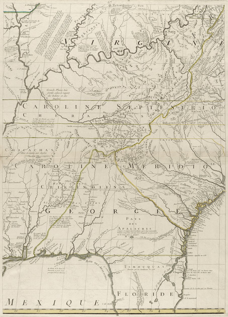 1756年のアメリカのイギリス領とフランス領の地図（紙にアウトラインの色を刻印） 作： ジョン・ミッチェル