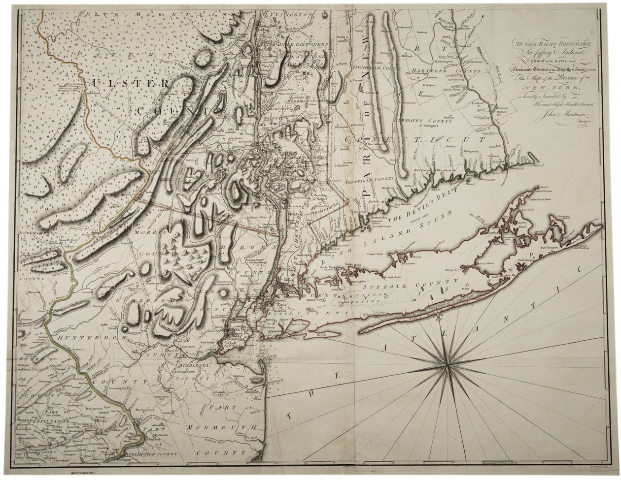 ロウアーニューヨーク州とその周辺の地図、c.1775 作： ジョン・モントレソール