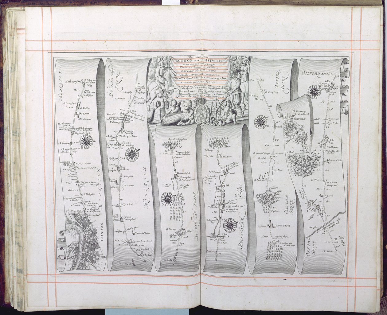 ロンドンから海岸沿いのアベリストウィズへの道、「ブリタニア、最初の巻」、1675年 作： ジョン・オギルビー