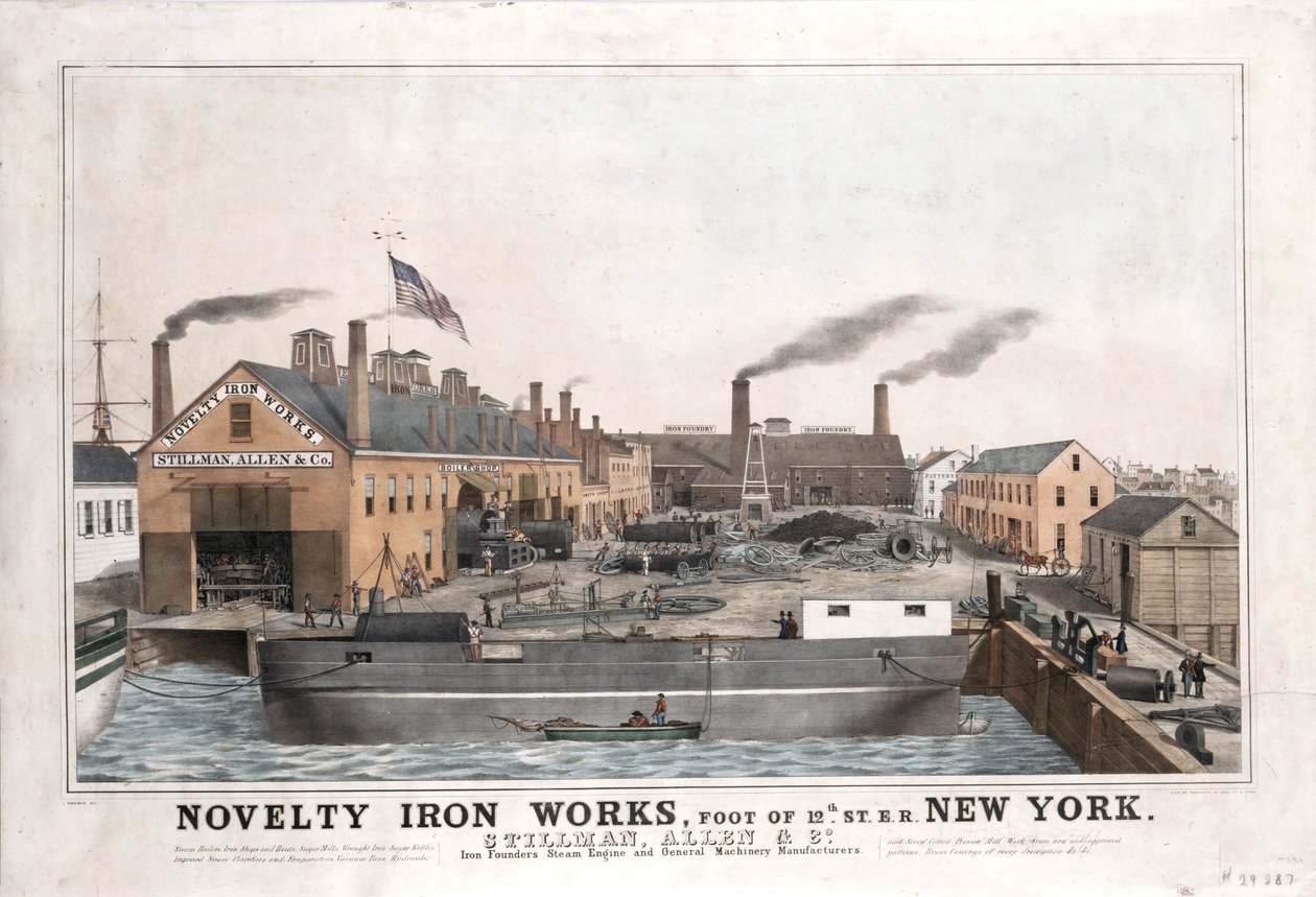 Novelty Iron Works、Stillman、Allen＆Co. Steam Engine and General Machinery Manufacturers、foot of 12th Street、East River、New York、ca. 1841-1844（手塗りのリソ） 作： ジョン・リット・ペニマン