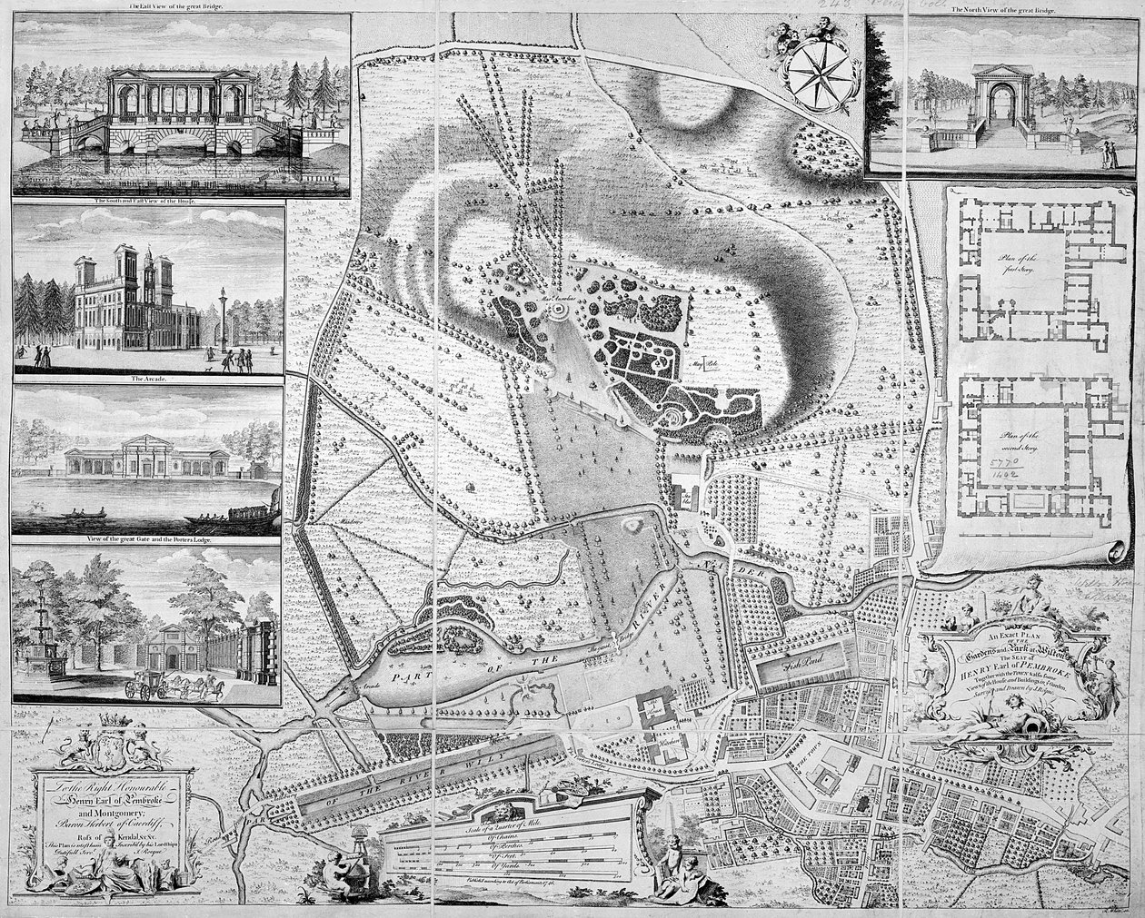 ペンブローク伯爵の本拠地であるウィルトンの庭園と公園の正確な計画、1746年 作： ジョン・ロック