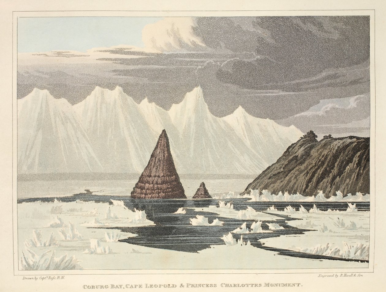 コーブルク湾、レオポルド岬、シャーロット王女の記念碑、「発見の航海...」のイラスト、1819年（手描きの彫刻） 作： ジョン・ロス