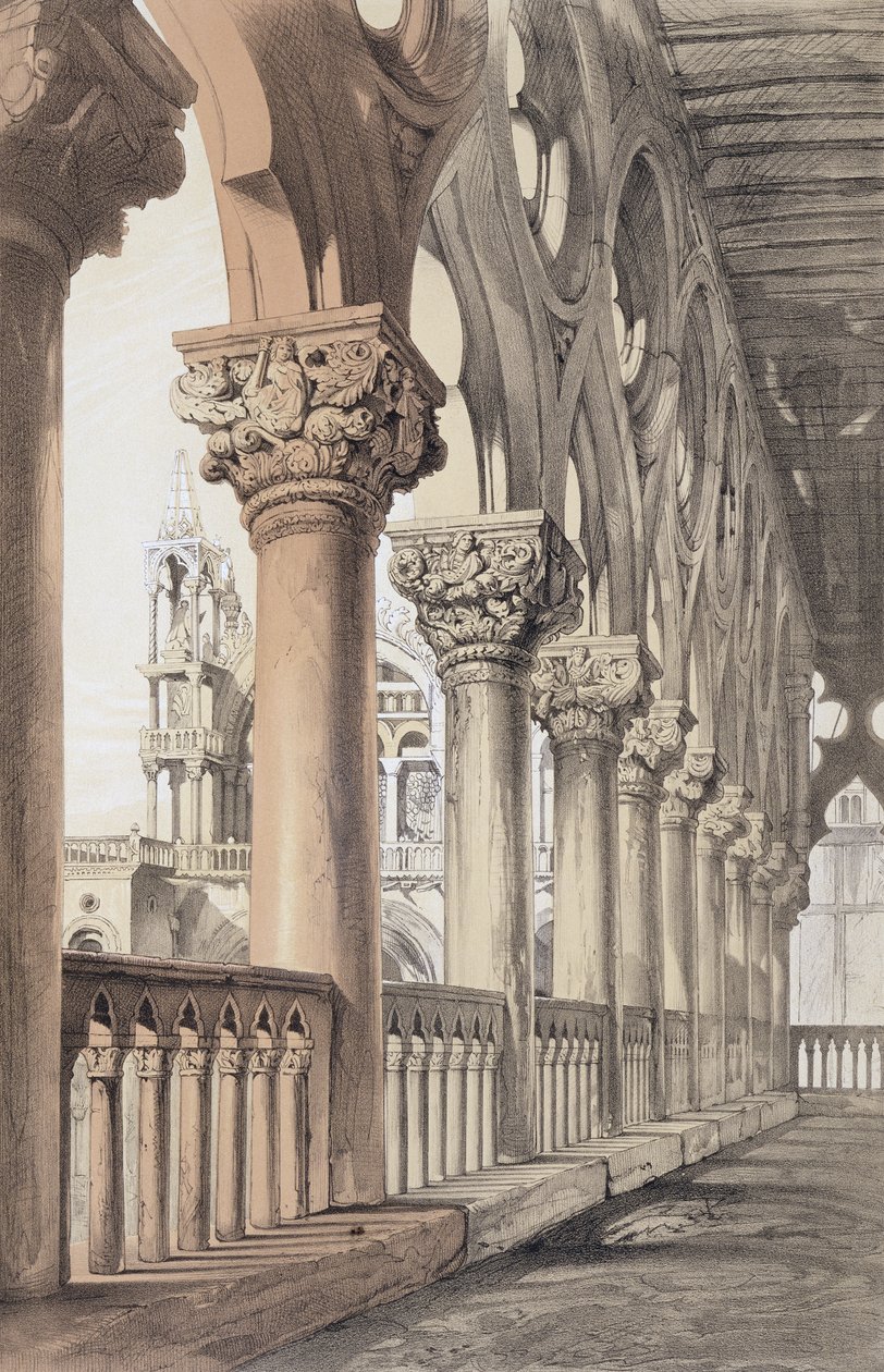 1851年にG.ローゼンタールによって彫刻された、ジョンラスキンによる「ヴェネツィアの建築の例」からのロッジアのルネサンスの首都、公爵宮殿 作： ジョン・ラスキン