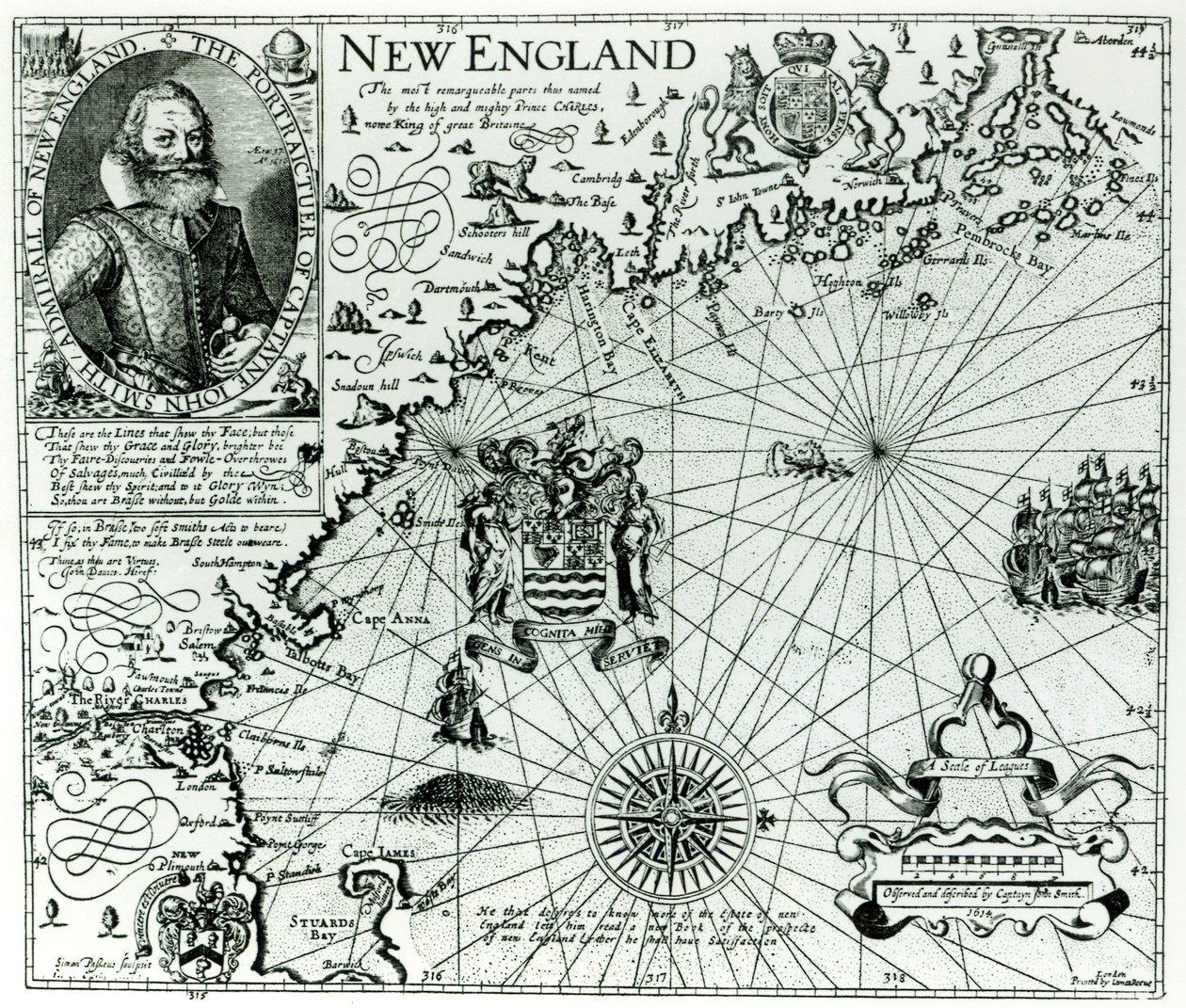 Simon de Passe（1595-1647）1616によって刻まれた、1614年のニューイングランドの海岸線の地図 作： ジョン・スミス2