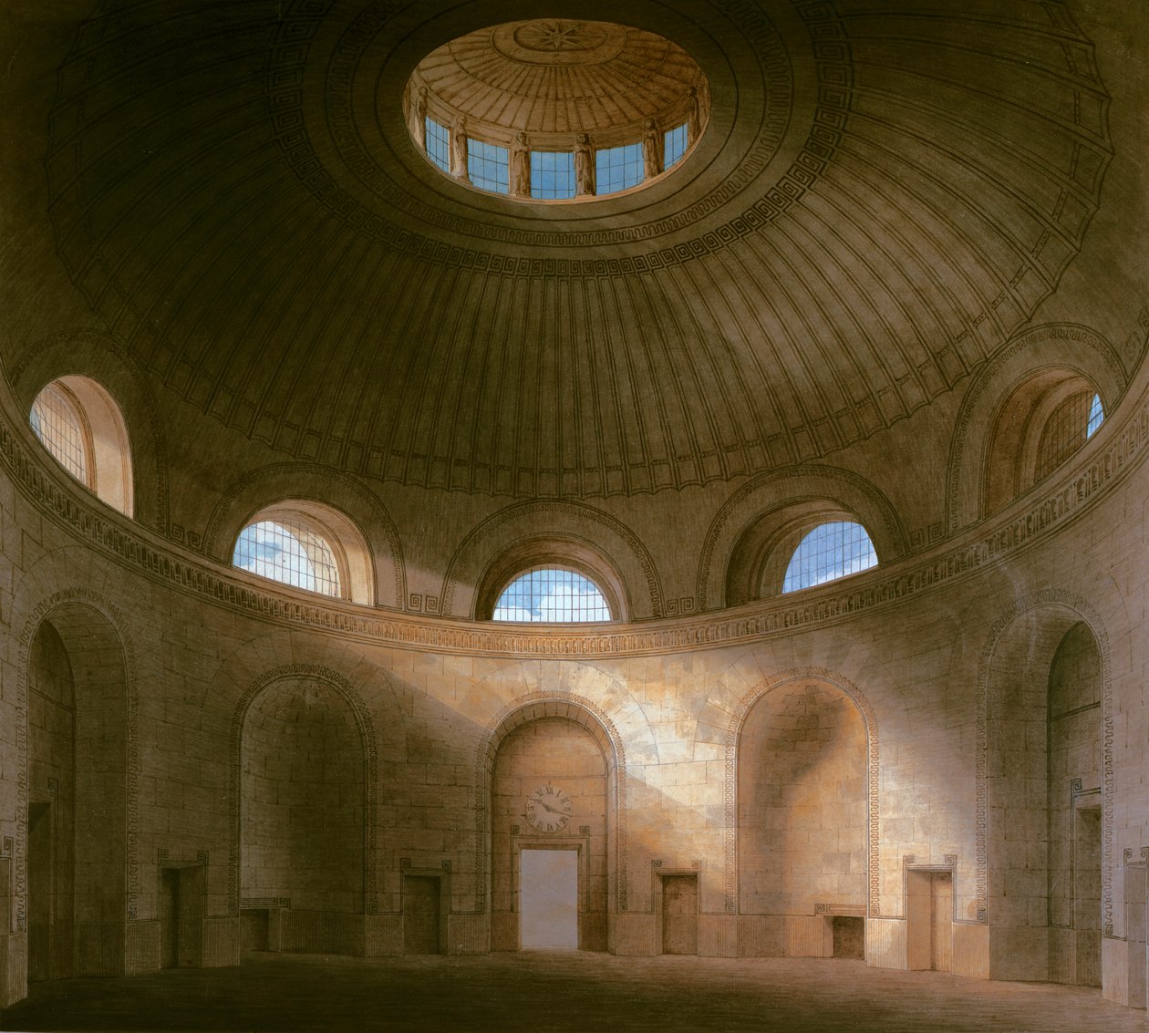 ジョン・ソーン：イギリスの銀行のロタンダ、1798（紙にトイレとペンとインク） 作： ジョン・ソアン