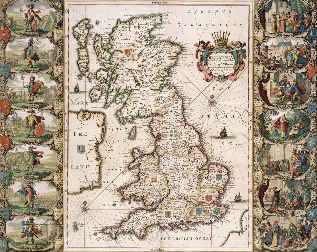 イングリッシュサクソン人のタイムで分けられたイギリス、1616年（カラー彫刻） 作： ジョン・スピード