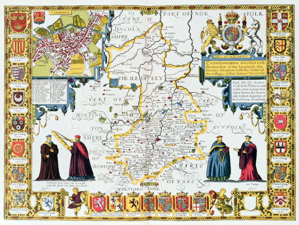 ジョンスピードの「英国帝国劇場」のパブからジョドカスホンディウス（1563-1612）によって刻まれたケンブリッジシャー。ジョン・サドベリーとジョージ・ハンブル、1611-12（手彩色の銅版画） 作： ジョン・スピード