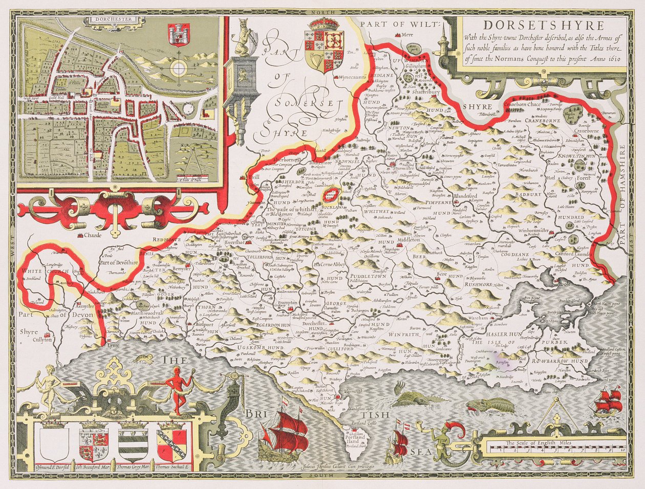 ヨドカスホンディウス（1563-1612）によって彫刻されたドーセットシャー、ジョンスピードの英国帝国劇場、パブ。ジョン・サドベリーとジョージ・ハンブル、1611-12（手彩色の銅版画） 作： ジョン・スピード