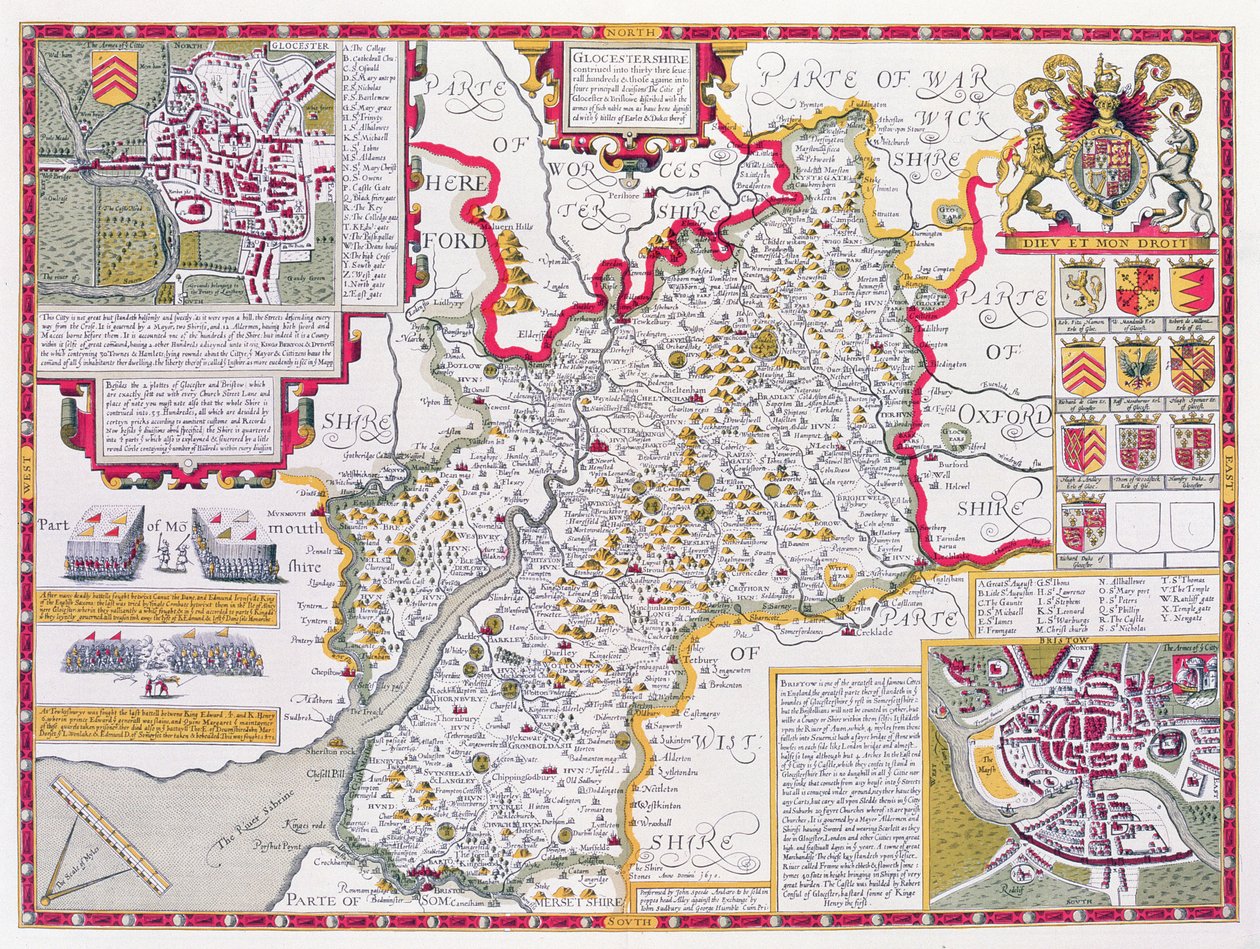 ジョンスピードの「英国帝国劇場」のパブからジョドカスホンディウス（1563-1612）によって刻まれたグロスターシャー。ジョン・サドベリーとジョージ・ハンブル、1611-12（手彩色の銅版画） 作： ジョン・スピード