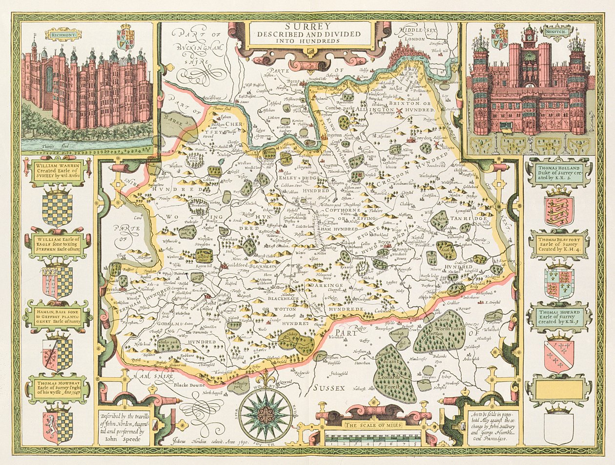 ジョンスピードの英国帝国劇場のパブからジョドカスホンディウス（1563-1612）によって刻まれたサリーの地図。ジョン・サドベリーとジョージ・ハンブル、1611-12（手彩色の銅版画） 作： ジョン・スピード