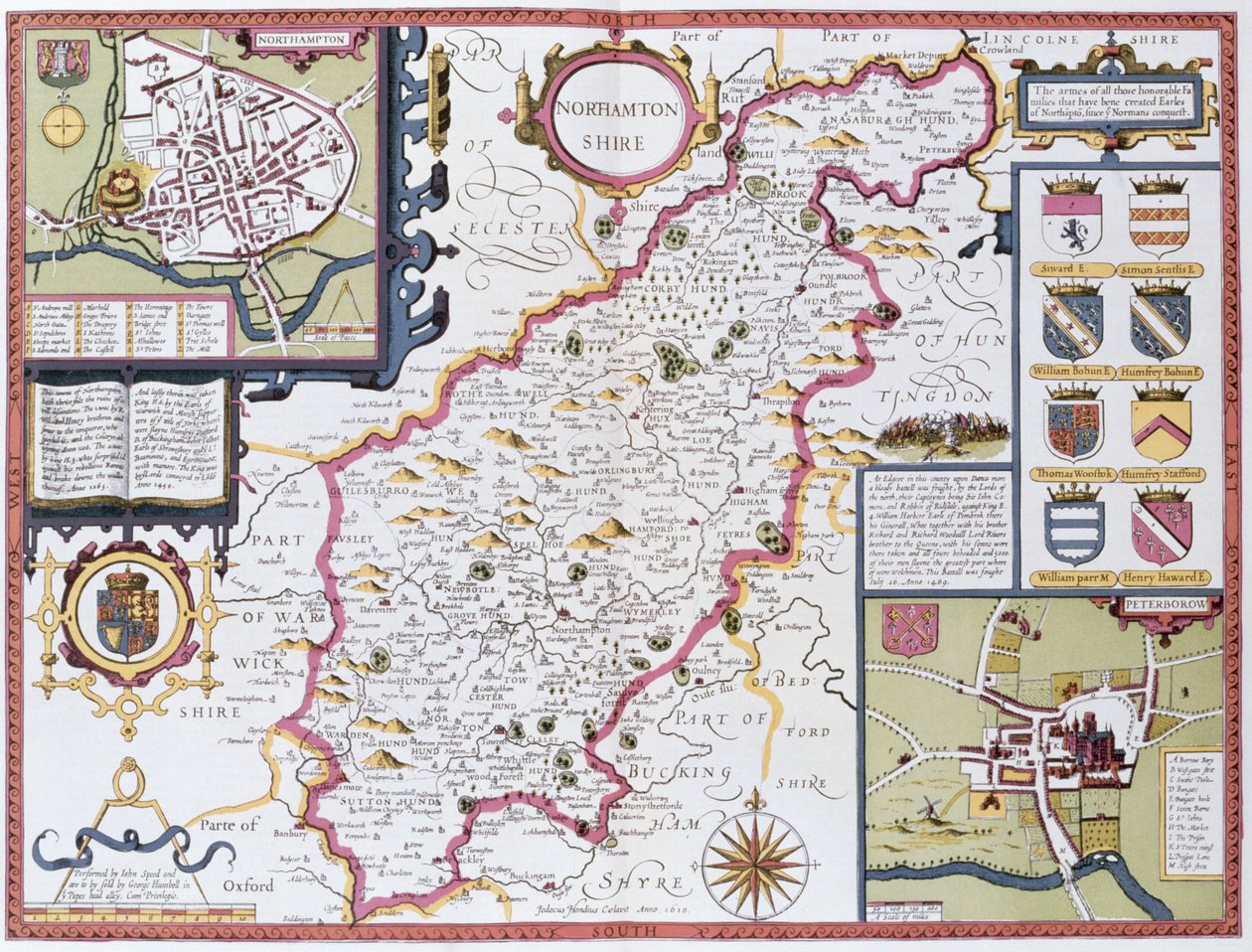 ジョンスピードの「イギリス帝国劇場」のパブからジョドカスホンディウス（1563-1612）によって刻まれたノーザントンシャー。ジョン・サドベリーとジョージ・ハンブル、1611-12（手彩色の銅版画） 作： ジョン・スピード