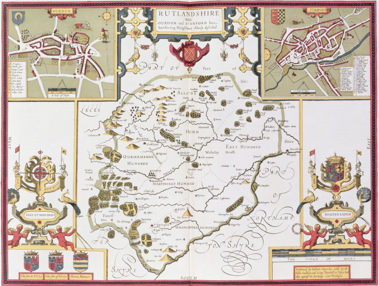 ジョンスピードの「イギリス帝国劇場」のパブからジョドカスホンディウス（1563-1612）によって彫刻された、オウカムとスタンフォードのあるラトランドシャー。ジョン・サドベリーとジョージ・ハンブル、1611-12（手塗り） 作： ジョン・スピード