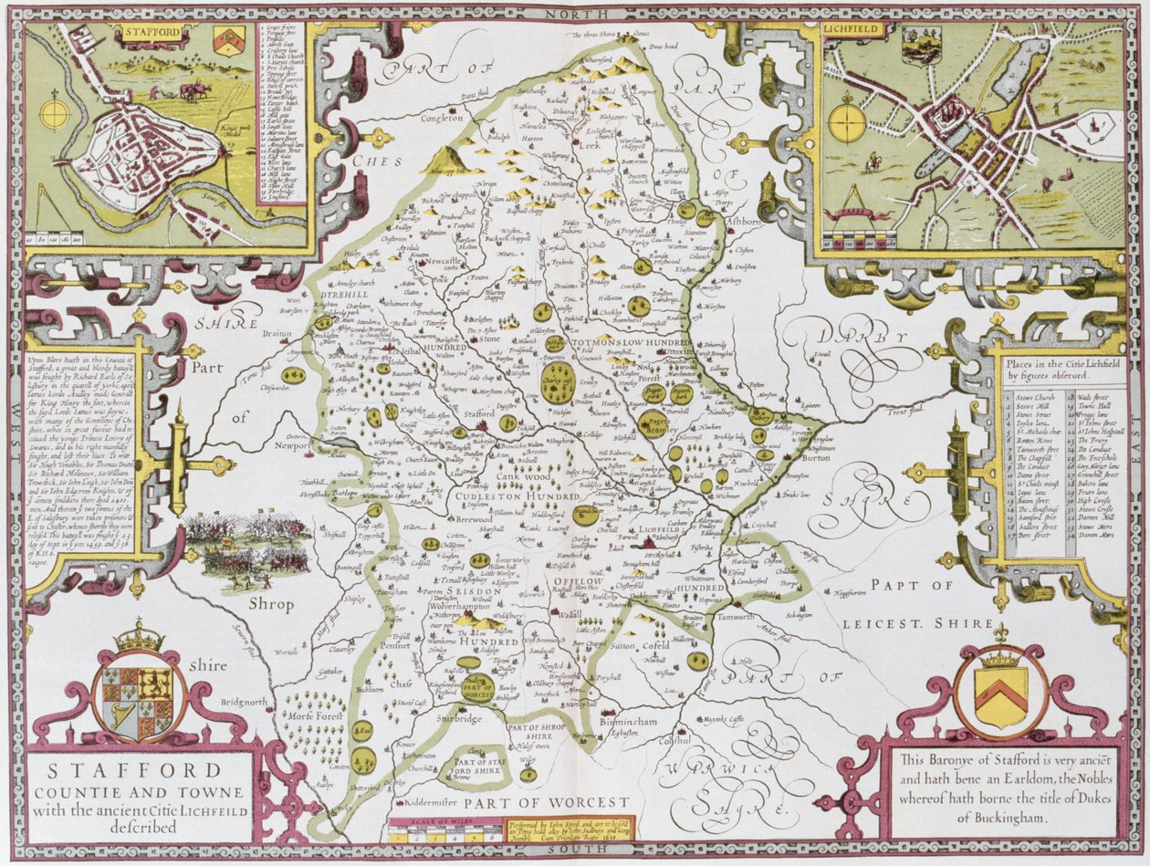 ジョンスピードの「英国帝国劇場」のパブからジョドカスホンディウス（1563-1612）によって刻まれたスタッフォード郡と町。ジョン・サドベリーとジョージ・ハンブル、1611〜12年（手彩色の銅彫刻） 作： ジョン・スピード