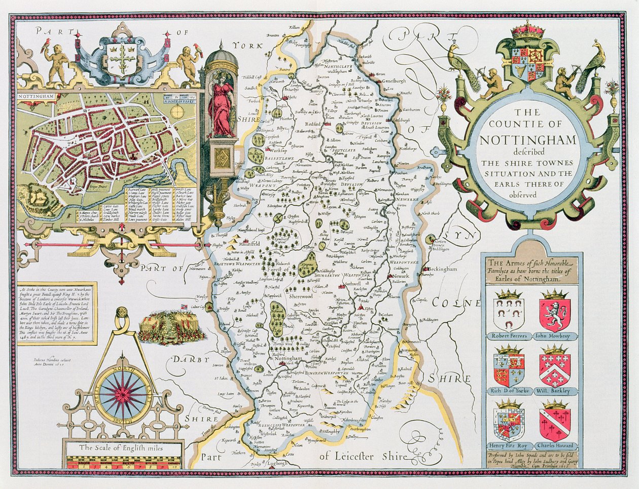 ジョンスピードの「英国帝国劇場」からパブのジョドカスホンディウス（1563-1612）によって刻まれたノッティンガム郡。ジョン・サドベリーとジョージ・ハンブル、1611-12（手塗りの銅製のeng） 作： ジョン・スピード