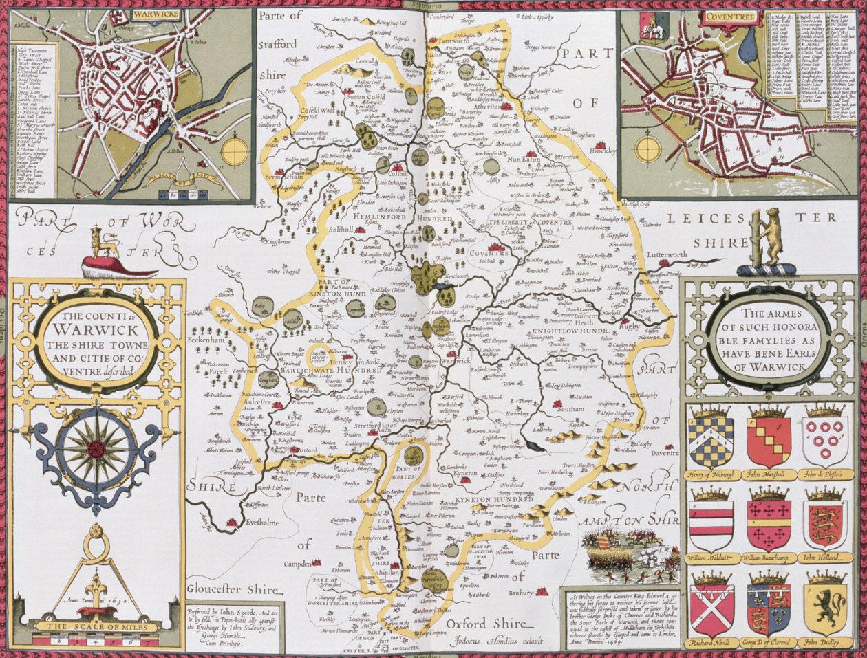 ジョンスピードの「イギリス帝国の劇場」からヨドカスホンディウス（1563-1612）によって彫刻されたウォリック郡、シャイアタウン、コベントリーの市。 John Sudbury、George Humb 作： ジョン・スピード