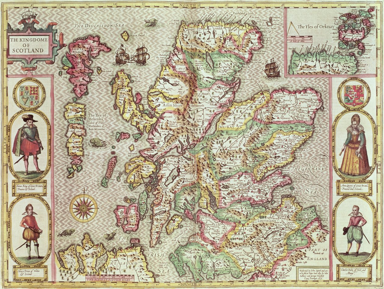 スコットランドの王国、「イギリスの帝国の劇場」、パブからジョドカスホンディウス（1563-1612）によって刻まれました。ジョン・サドベリーとジョージ・ハンブル、1611-12（手彩色の銅版画） 作： ジョン・スピード