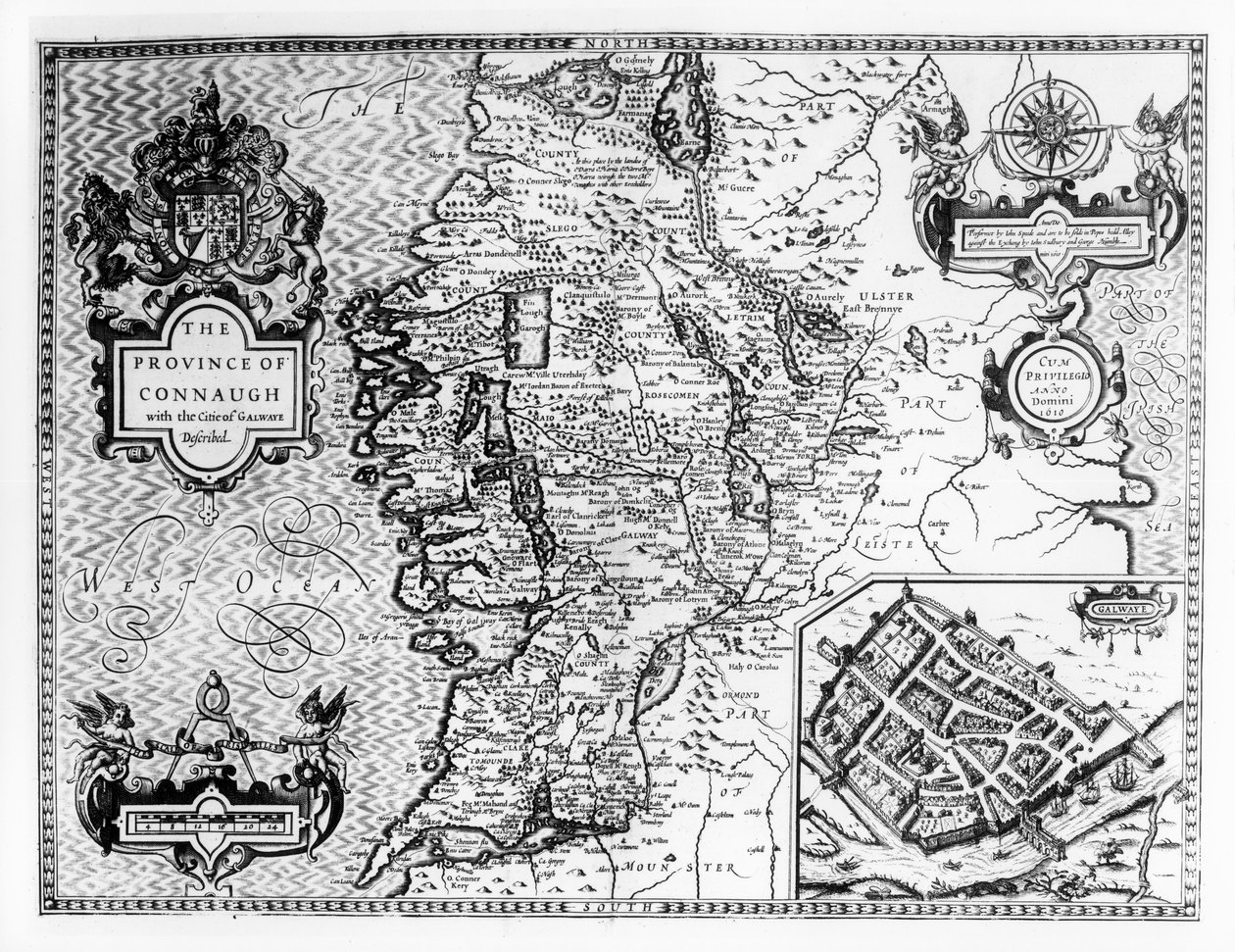 「イギリス帝国の劇場」から出版されたジョドクスホンディウス（1563-1612）によって刻まれた、ゴールウェイ市と記述されたコンノート州。ジョン・サドベリーとジョージ・ハンブル、1611-12（en 作： ジョン・スピード