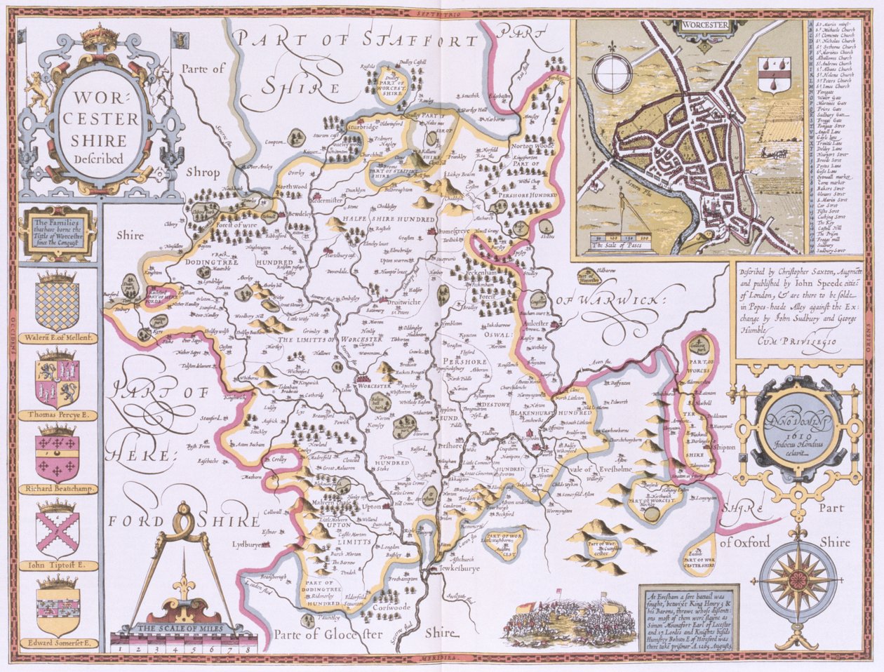 ジョンスピードの「英国帝国劇場」のパブからジョドカスホンディウス（1563-1612）によって刻まれたウォチェスターシャー。ジョンサドベリーとジョージハンブル1611-12（手彩色の銅版画） 作： ジョン・スピード