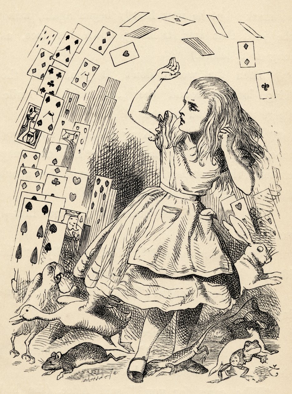 アリスとカードのパック、ルイスキャロル著「不思議の国のアリス」から1891年に出版 作： ジョン・テニエル