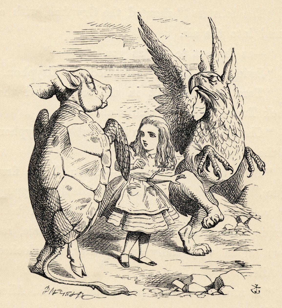 1891年に公開されたルイスキャロルの「不思議の国のアリスの冒険」からのグリフォンとモックタートルのアリス 作： ジョン・テニエル