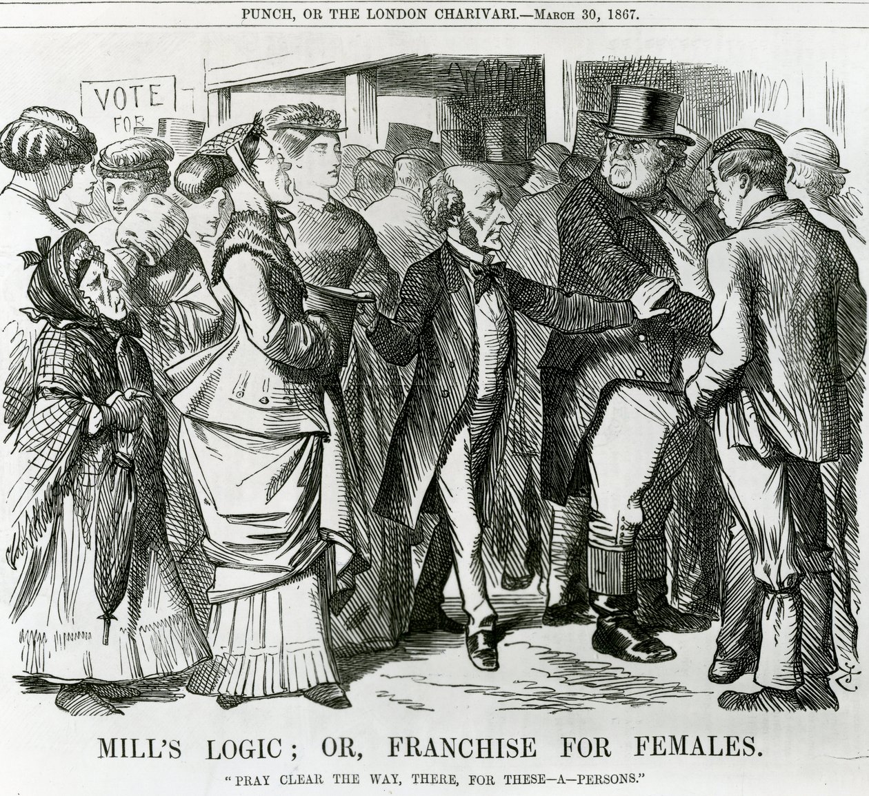 ミルズロジック：または、女性向けフランチャイズ、1867年ロンドン、パンチ発の漫画 作： ジョン・テニエル