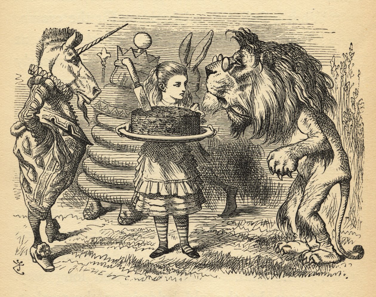 ライオンとユニコーンの間でのケーキの共有、ルイス・キャロル（1832-98）による &39;Through the Looking Glass&39;のイラストは最初に1871年に公開されました 作： ジョン・テニエル