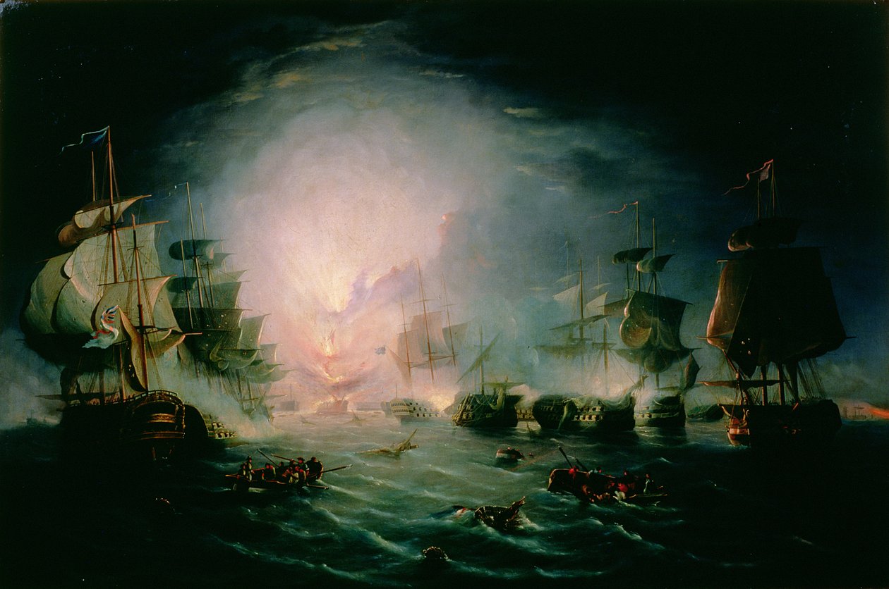 1798年のナイルの戦いでのフランスの司令官船「ロリアン」の爆破 作： ジョン・トーマス・セール