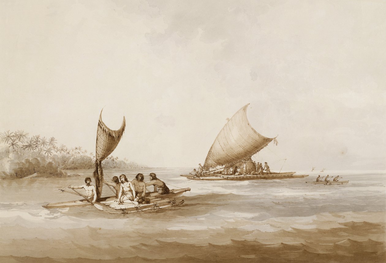 「南の海の景色」からのフレンドリーな島のボート、パブ。 1791 作： ジョン・ウェバー