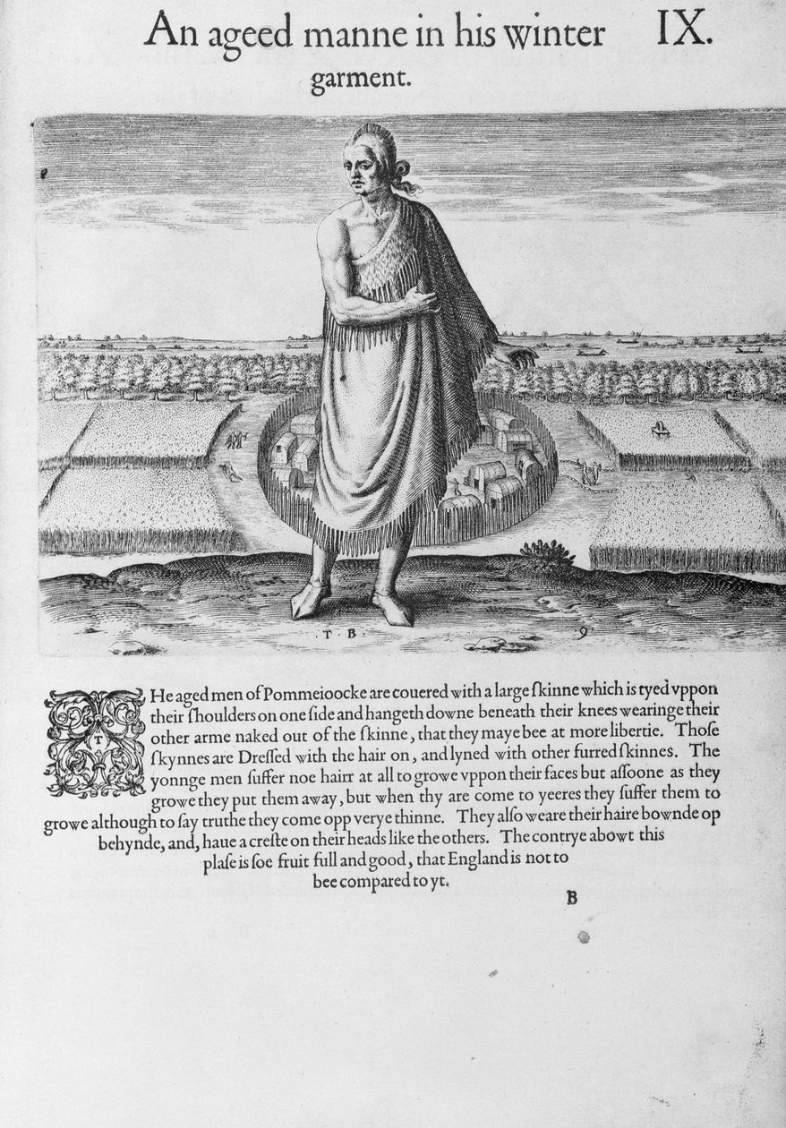 セオドア・ド・ブライ（1528-1598）のパブによって刻まれたトーマス・ハリオット（1560-1621）による「バージニアの新たに発見された土地の簡単な真実の報告」からの彼の冬の衣服の老インド人。 1590年に 作： ジョンホワイト
