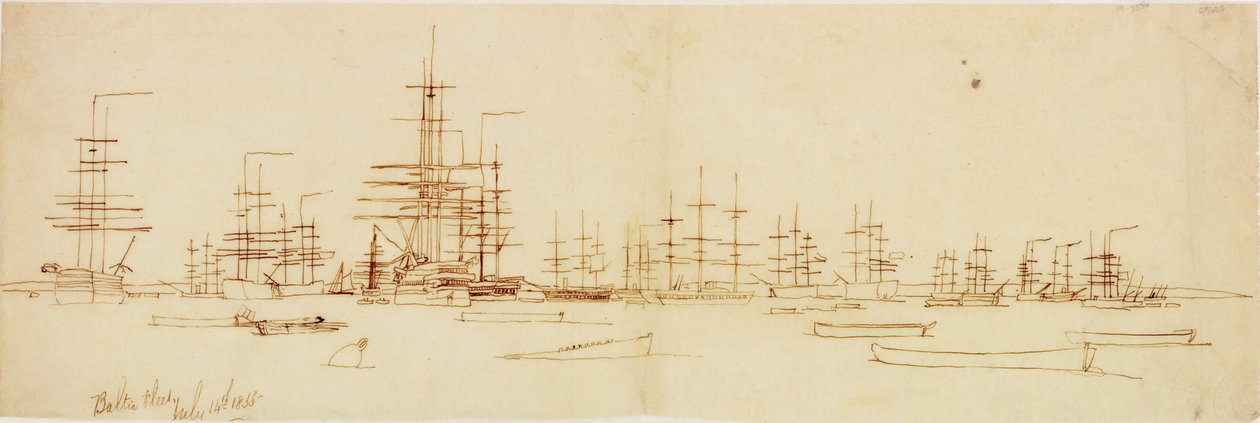 1855年7月14日のバルチック艦隊（紙にペンとインク（追跡）） 作： ジョン・ウィルソン・カーマイケル