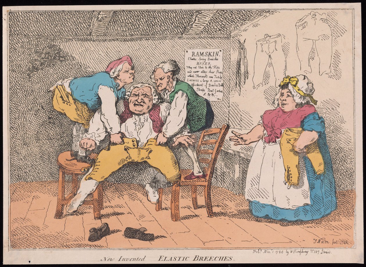 新しい発明-エラスティックブリーチ、パブ。 1784年（手描きの彫刻） 作： ニクソン後のジョン