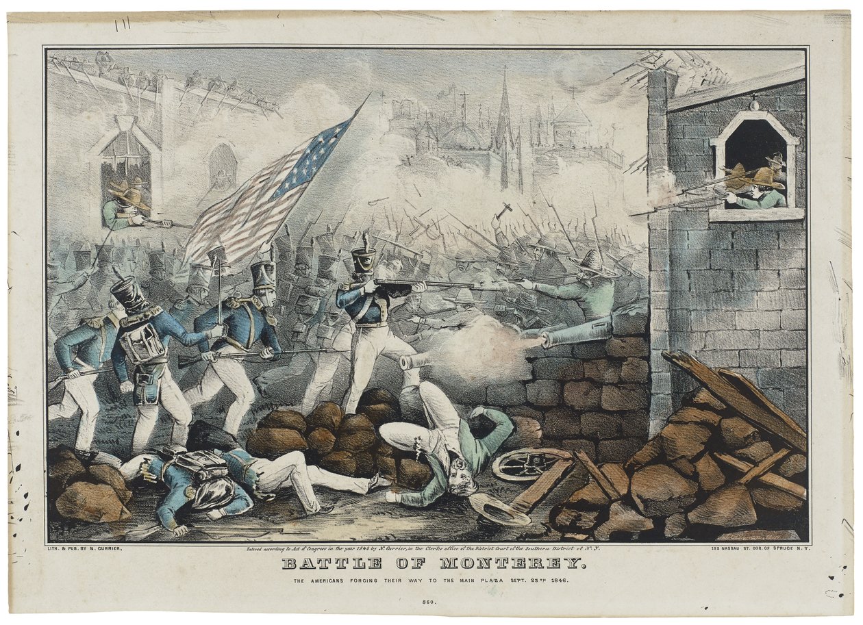 1846年7月7日のモントレーの戦い、ナサニエル・カリアー（1813-88）によるリトグラフ版 作： ジョン（後）キャメロン
