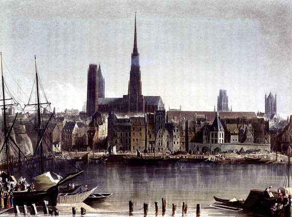 トーマス・サザーランド（b.1785）が彫った「セーヌ河畔の風景」からのルーアンの眺め、R.アッカーマン（1764-1834）が1821年に出版（カラーリトグラフ）。 作： ジョン（後）ゲンダル