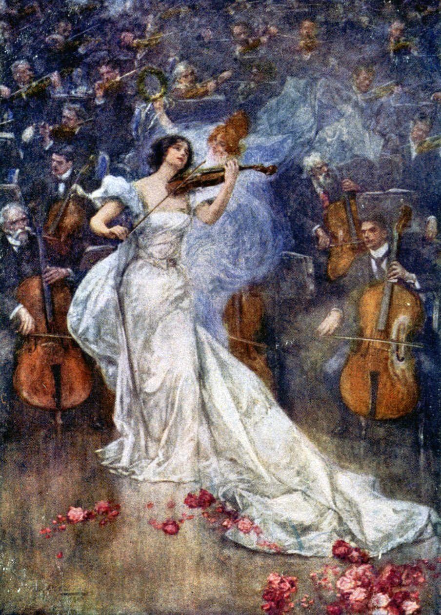 音楽。 ヴァイオリン協奏曲です。 1900年頃、チェコ共和国、グリッチによるイラスト（はがき） 作： ジョン（後）グリッチ