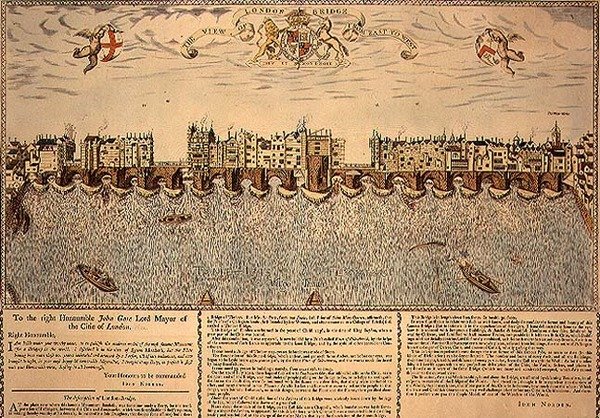 The View of London Bridge from East to West（ロンドン橋の東から西への眺め）」は、1624年に制作された版画の復刻版です。 作： ジョン（後）北