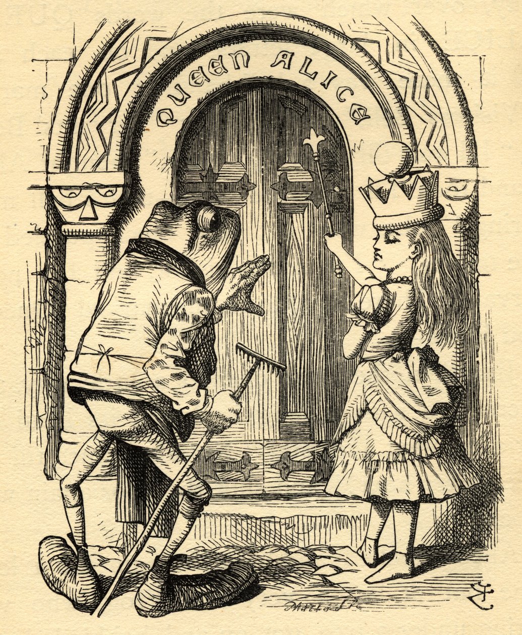 アリスとカエル」ルイス・キャロル（1832-98）の「Through the Looking Glass」からの挿絵（1871年初版）（リトグラフ）。 作： ジョン（後）テニエル