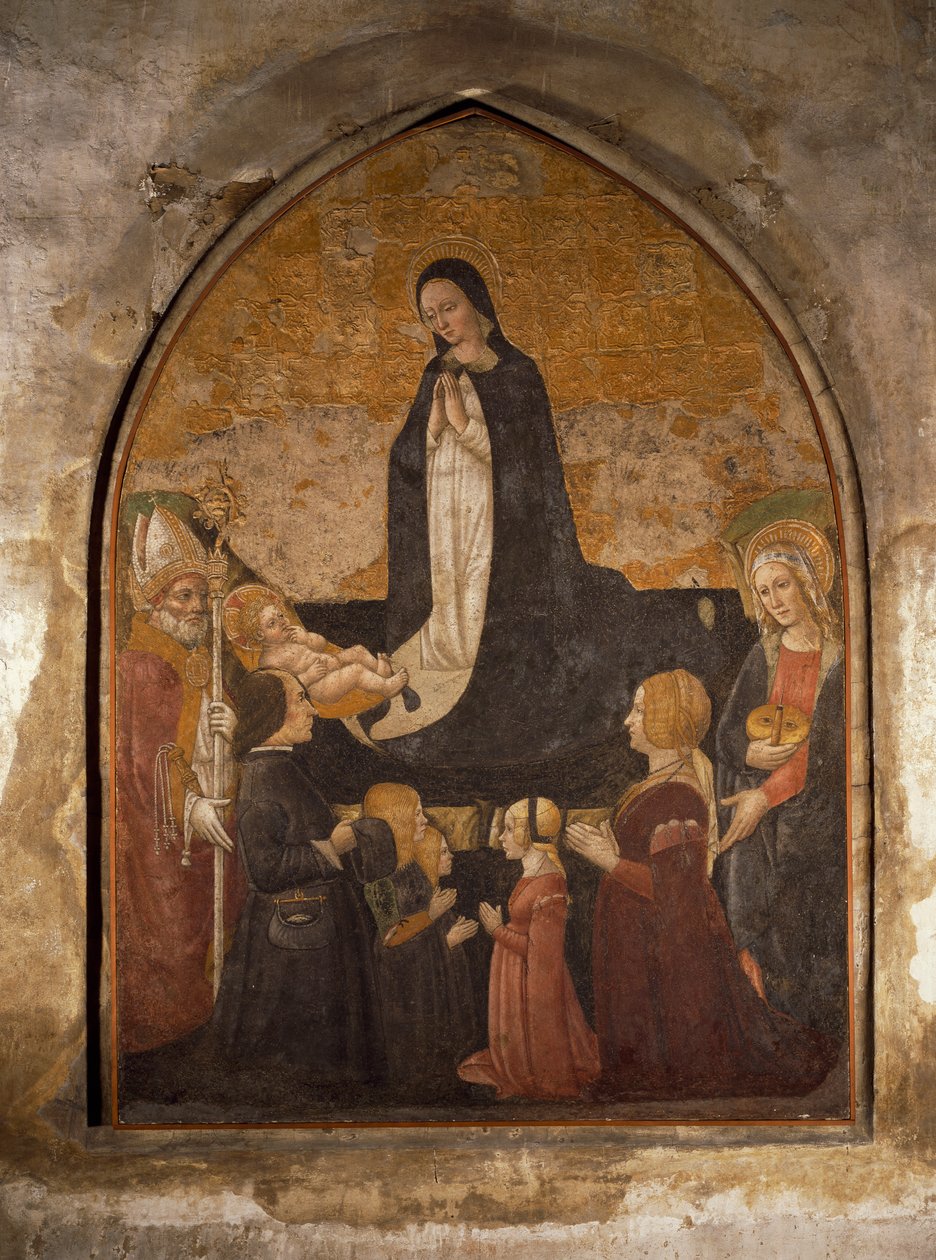 イタリア、ミラノ、聖マリア教会、塔の礼拝堂、子を抱く聖母、フレスコ画 作： ウォルターチャールズミルズ