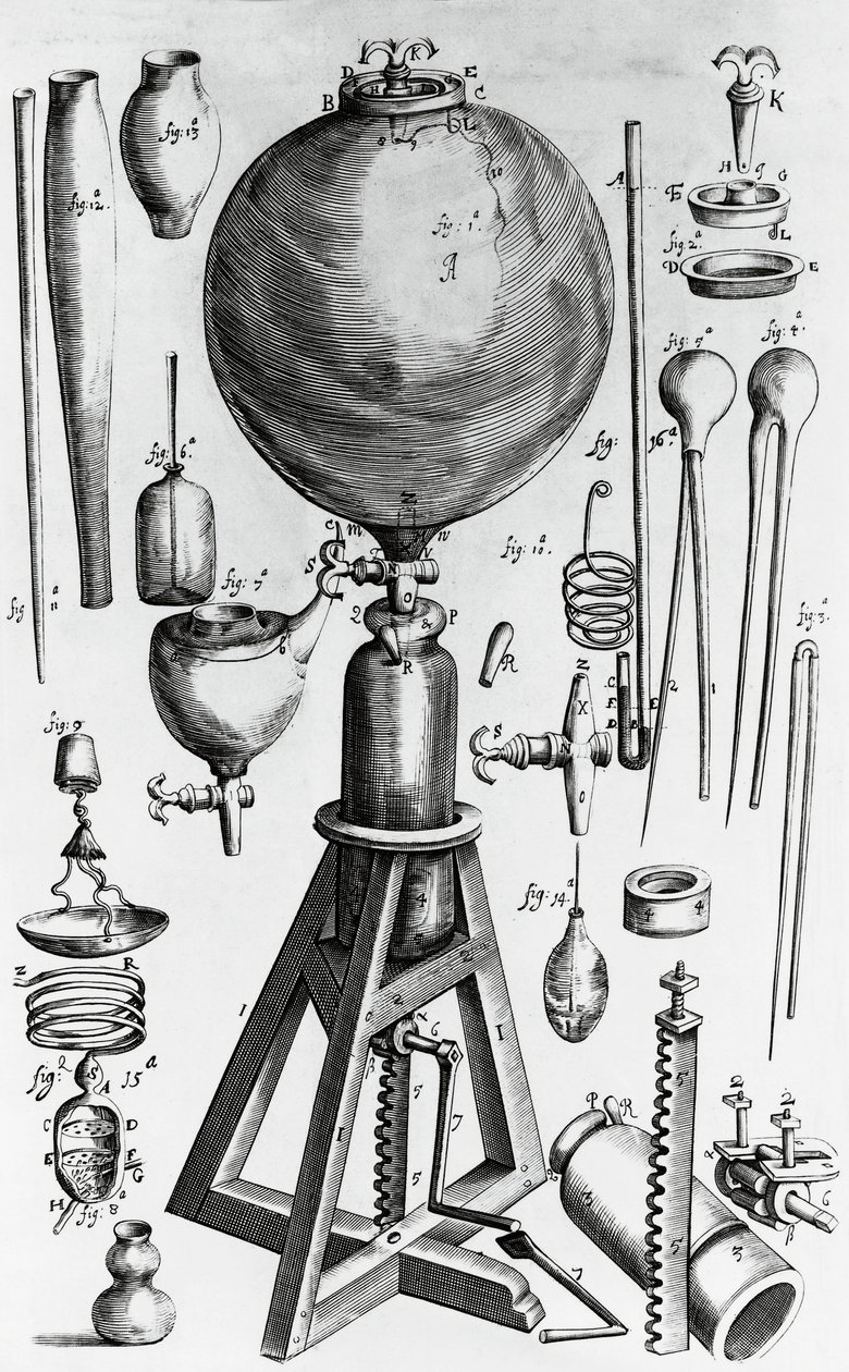 ロバート・ボイル（1627-1691）による新しい物理的・機械的な空気の実験、エングレービング 作： ウォルターチャールズミルズ