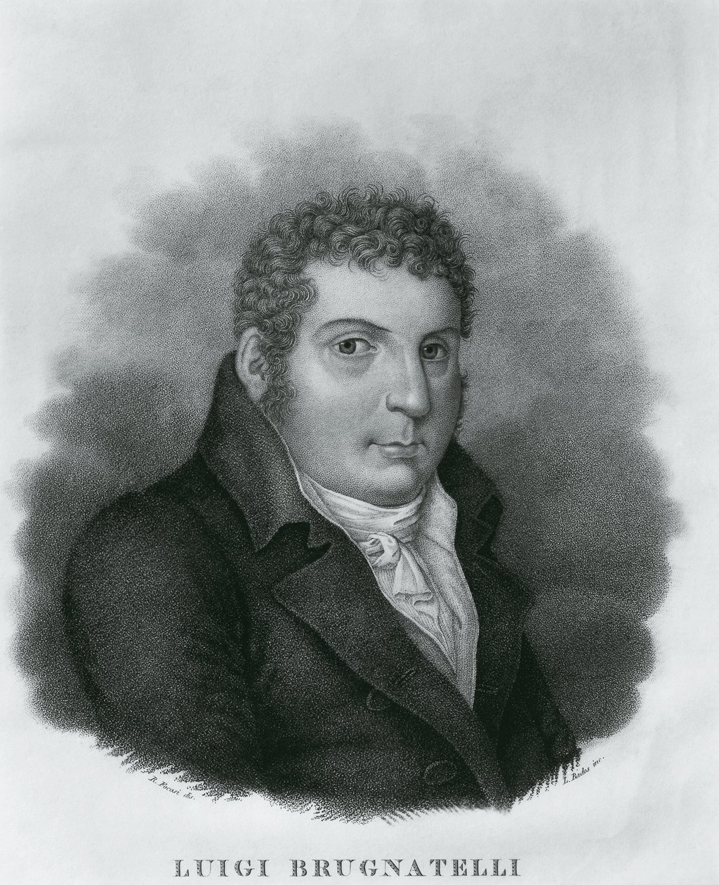 イタリアの化学者で電気めっきを発明したルイジ・ヴァレンティノ・ブルグナテッリ（1761～1818）の肖像、ロベルト・フォコシ（1806～1862）の素描の後にルイジ・ラドス（1773～1840）がエッチングしたもの 作： ウォルターチャールズミルズ