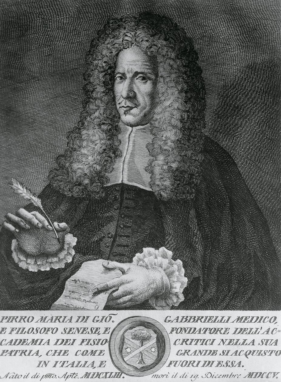 イタリアの哲学者、理論医学・植物学教授、ピロ・マリア・ガッブリエリ（1643-1705）の肖像、コジモ・ゾッキ（1740年～1787年頃活躍）のエングレーヴィング 作： ウォルターチャールズミルズ