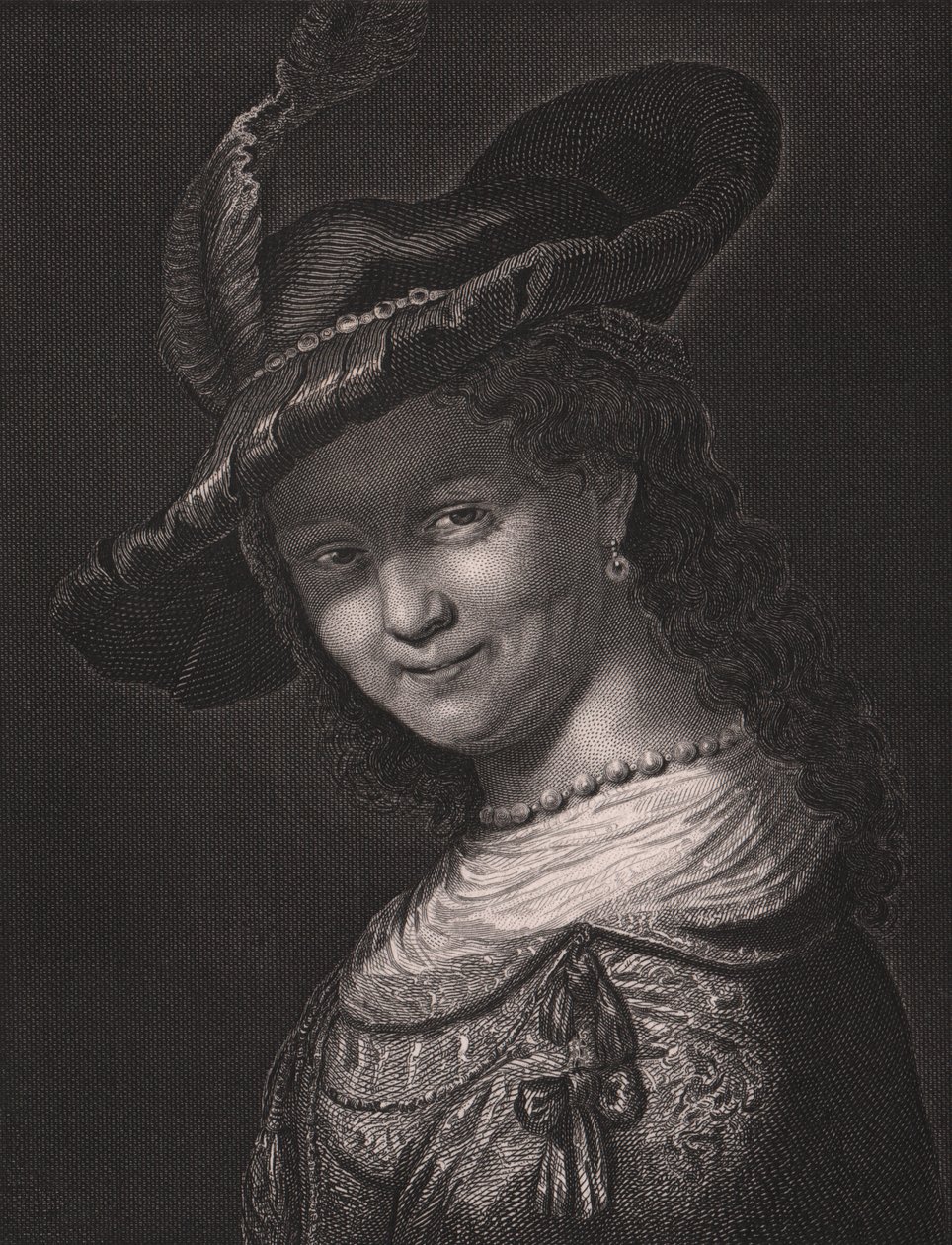 レンブラントの妻サスキア・ファン・ウイレンブルク（1612-1642）の肖像 レンブラントの絵からL・ラーブがエングレーヴィング ドレスデン王立美術館所蔵 アルバート・ヘンリー・ペイン作 ドレスデン・ライプツィヒのH・ペイン社 1840年頃 作： ウォルターチャールズミルズ